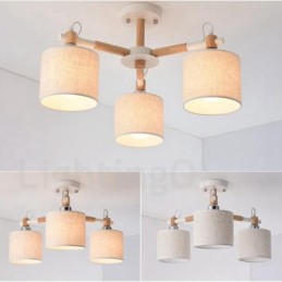 Lustre en bois contemporain moderne à 3 lumières à un seul niveau avec abat-jour en tissu tambour et