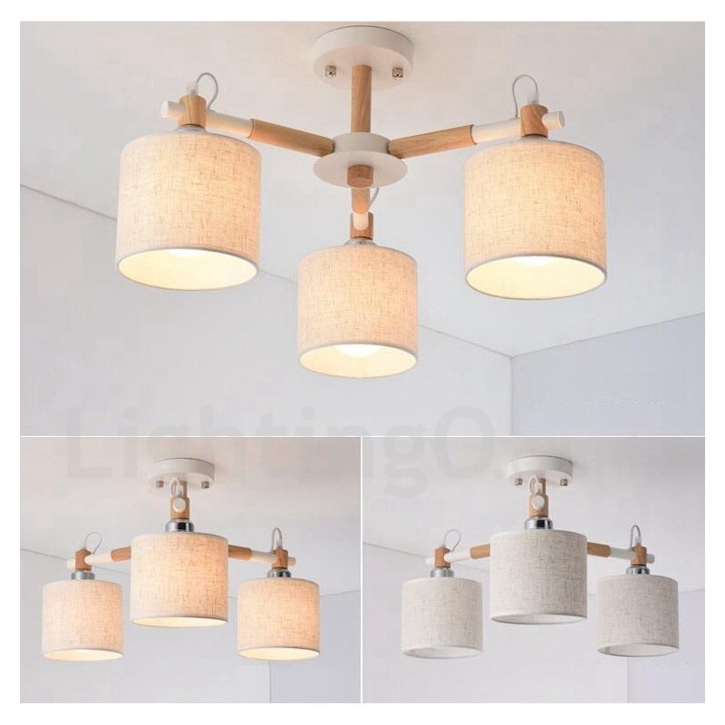 Lustre en bois contemporain moderne à 3 lumières à un seul niveau avec abat-jour en tissu tambour et
