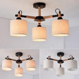 Lustre en bois contemporain moderne à 3 lumières à un seul niveau avec abat-jour en tissu tambour et