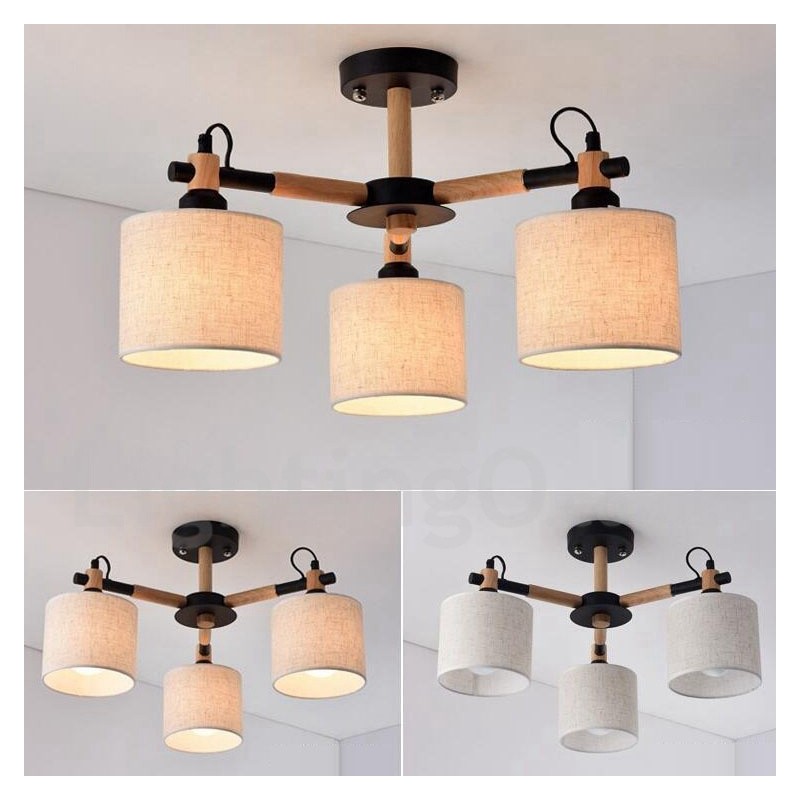 Lustre en bois contemporain moderne à 3 lumières à un seul niveau avec abat-jour en tissu tambour et
