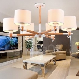 Lustre contemporain moderne à 6 lumières en bois à un seul niveau avec tissu tambour (noir et blanc)
