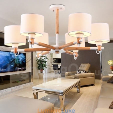 Lustre contemporain moderne à 6 lumières en bois à un seul niveau avec tissu tambour (noir et blanc) Lustre contemporain moderne à 6 lumières en bois à un seul niveau avec tissu tambour (noir et blanc)