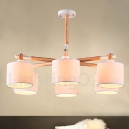 Lustre contemporain moderne à 6 lumières en bois à un seul niveau avec tissu tambour (noir et blanc)