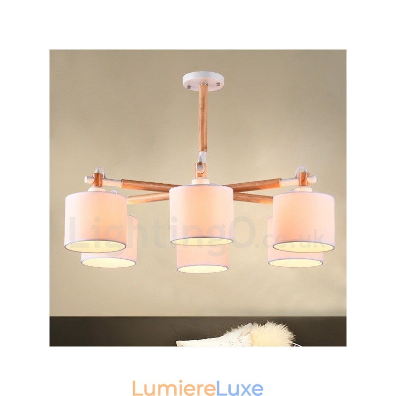 Lustre contemporain moderne à 6 lumières en bois à un seul niveau avec tissu tambour (noir et blanc)