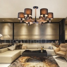 Lustre contemporain moderne à 6 lumières en bois à un seul niveau avec tissu tambour (noir et blanc)