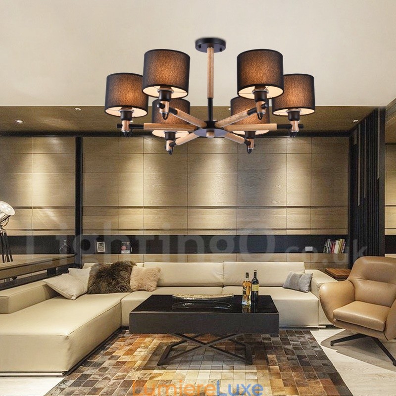 Lustre contemporain moderne à 6 lumières en bois à un seul niveau avec tissu tambour (noir et blanc)