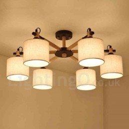 Lustre contemporain moderne à 6 lumières en bois à un seul niveau avec tissu tambour (noir et blanc)