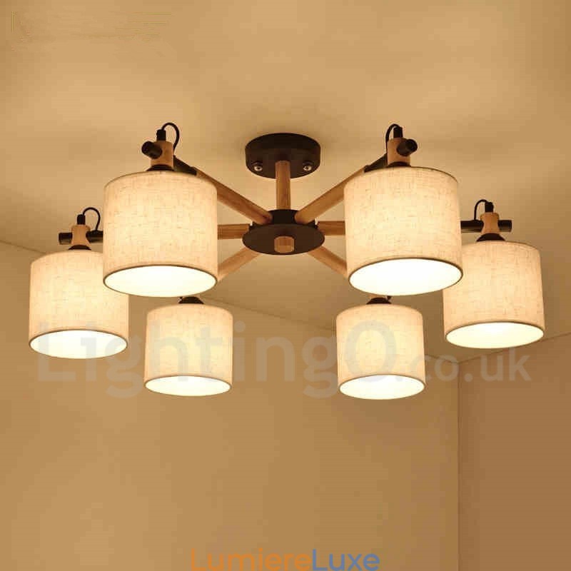 Lustre contemporain moderne à 6 lumières en bois à un seul niveau avec tissu tambour (noir et blanc)