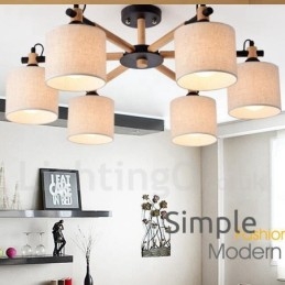 Lustre contemporain moderne à 6 lumières en bois à un seul niveau avec tissu tambour (noir et blanc)