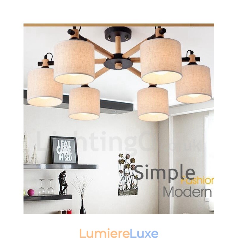 Lustre contemporain moderne à 6 lumières en bois à un seul niveau avec tissu tambour (noir et blanc)