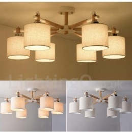 Lustre contemporain moderne à 6 lumières en bois à un seul niveau avec tissu tambour (noir et blanc)