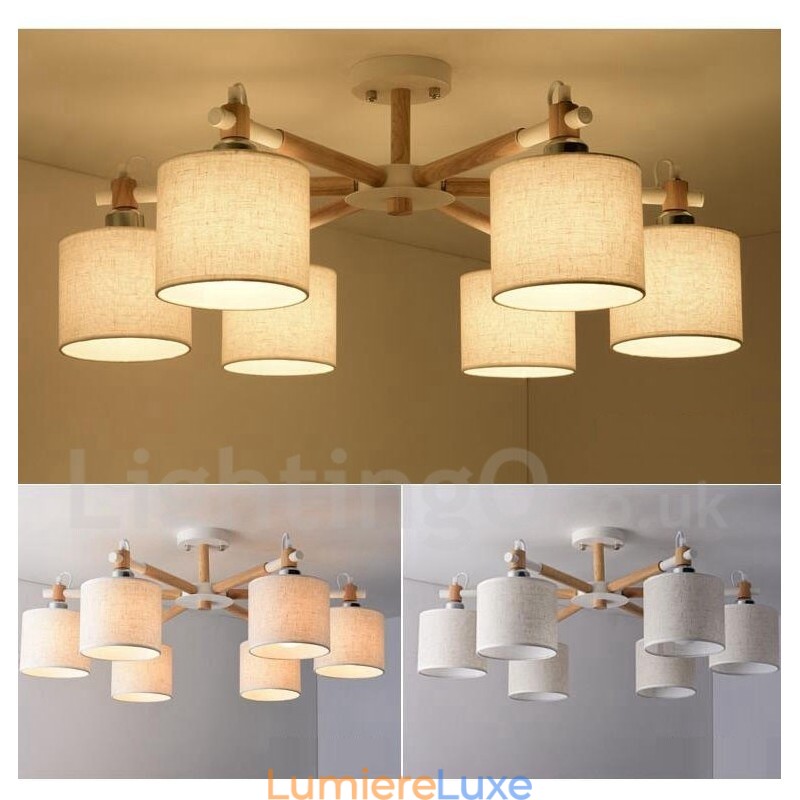 Lustre contemporain moderne à 6 lumières en bois à un seul niveau avec tissu tambour (noir et blanc)