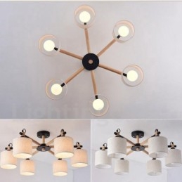 Lustre contemporain moderne à 6 lumières en bois à un seul niveau avec tissu tambour (noir et blanc)