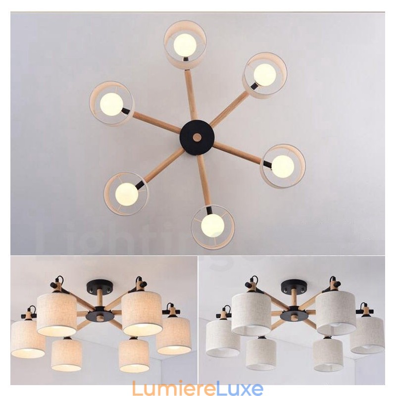 Lustre contemporain moderne à 6 lumières en bois à un seul niveau avec tissu tambour (noir et blanc)