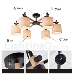 Lustre contemporain moderne à 6 lumières en bois à un seul niveau avec tissu tambour (noir et blanc)