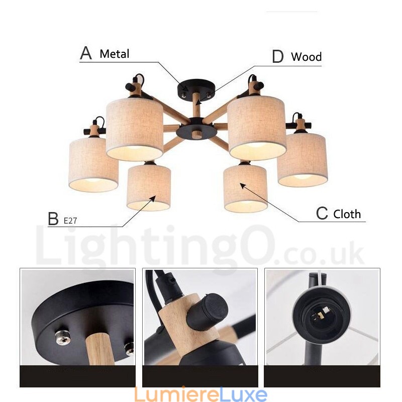 Lustre contemporain moderne à 6 lumières en bois à un seul niveau avec tissu tambour (noir et blanc)