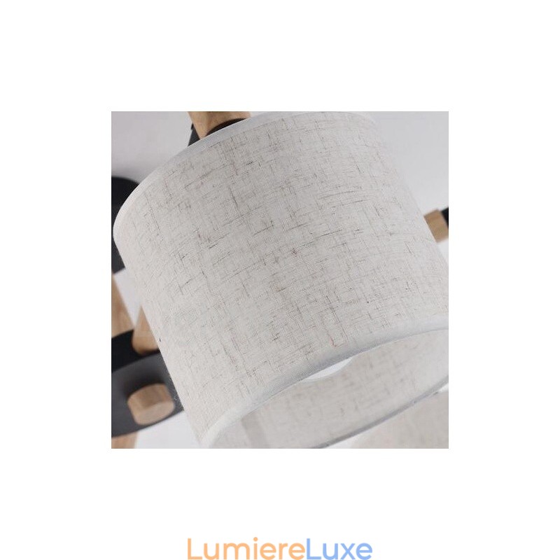 Lustre contemporain moderne à 6 lumières en bois à un seul niveau avec tissu tambour (noir et blanc)
