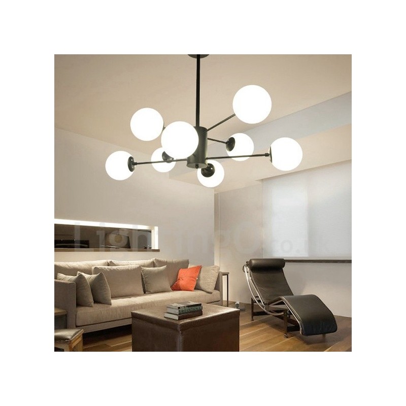 Lustre noir contemporain moderne à 8 lumières en métal à 2 niveaux avec abat-jour en verre