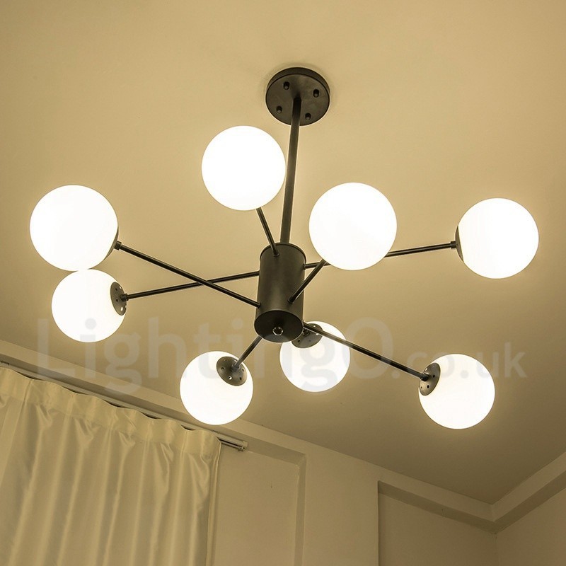 Lustre noir contemporain moderne à 8 lumières en métal à 2 niveaux avec abat-jour en verre
