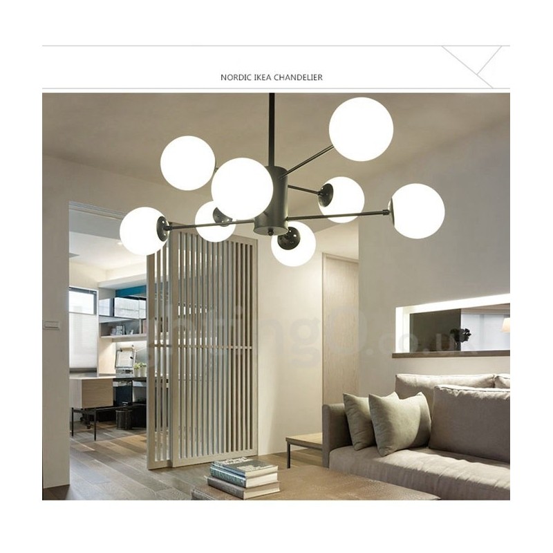 Lustre noir contemporain moderne à 8 lumières en métal à 2 niveaux avec abat-jour en verre