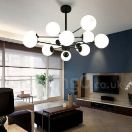 Lustre en métal noir à 12 lumières et 2 niveaux avec abat-jour en verre, style contemporain moderne