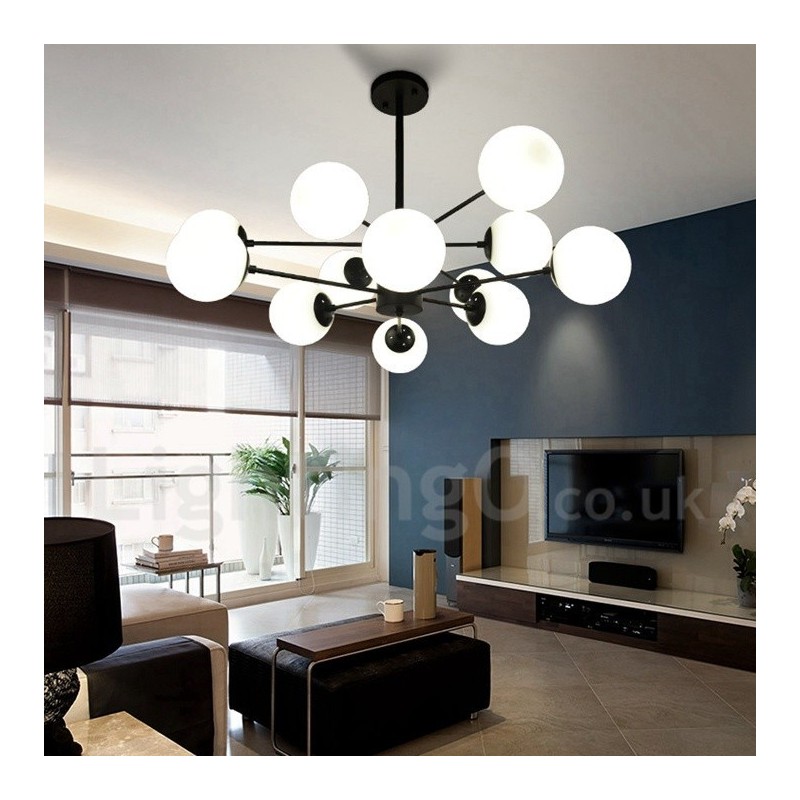 Lustre en métal noir à 12 lumières et 2 niveaux avec abat-jour en verre, style contemporain moderne