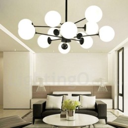 Lustre en métal noir à 12 lumières et 2 niveaux avec abat-jour en verre, style contemporain moderne