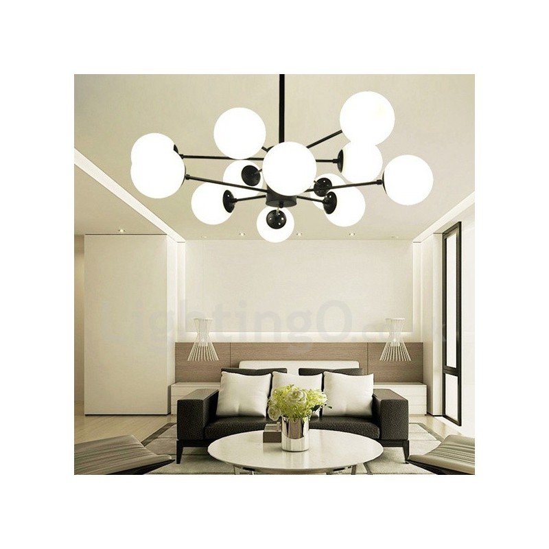 Lustre en métal noir à 12 lumières et 2 niveaux avec abat-jour en verre, style contemporain moderne