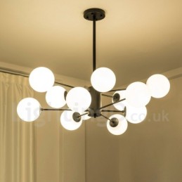 Lustre en métal noir à 12 lumières et 2 niveaux avec abat-jour en verre, style contemporain moderne