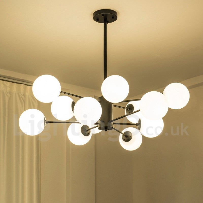 Lustre en métal noir à 12 lumières et 2 niveaux avec abat-jour en verre, style contemporain moderne