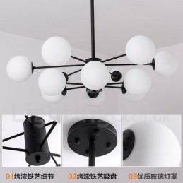 Lustre en métal noir à 12 lumières et 2 niveaux avec abat-jour en verre, style contemporain moderne