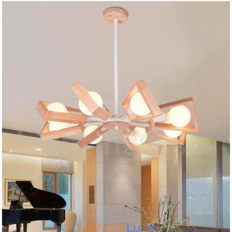 Lustre en bois à un seul niveau à 8 lumières de style contemporain moderne