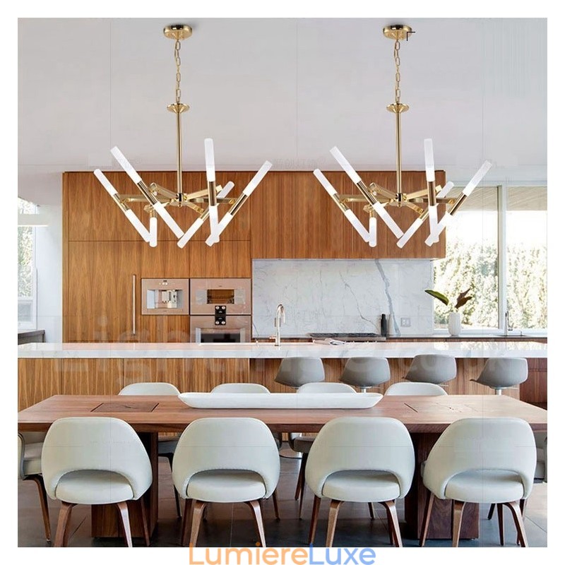Lustre doré moderne contemporain à 2 niveaux et 12 lumières