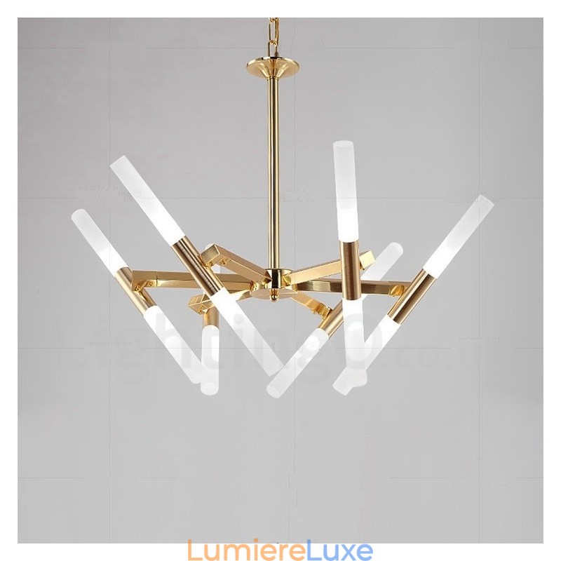 Lustre doré moderne contemporain à 2 niveaux et 12 lumières