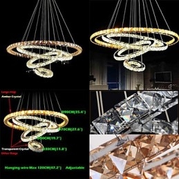 Lustre suspendu moderne en cristal avec 4 grands anneaux en cristal ambré et autres cristaux transparents