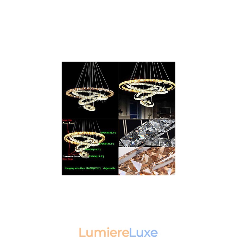 Lustre suspendu moderne en cristal avec 4 grands anneaux en cristal ambré et autres cristaux transparents