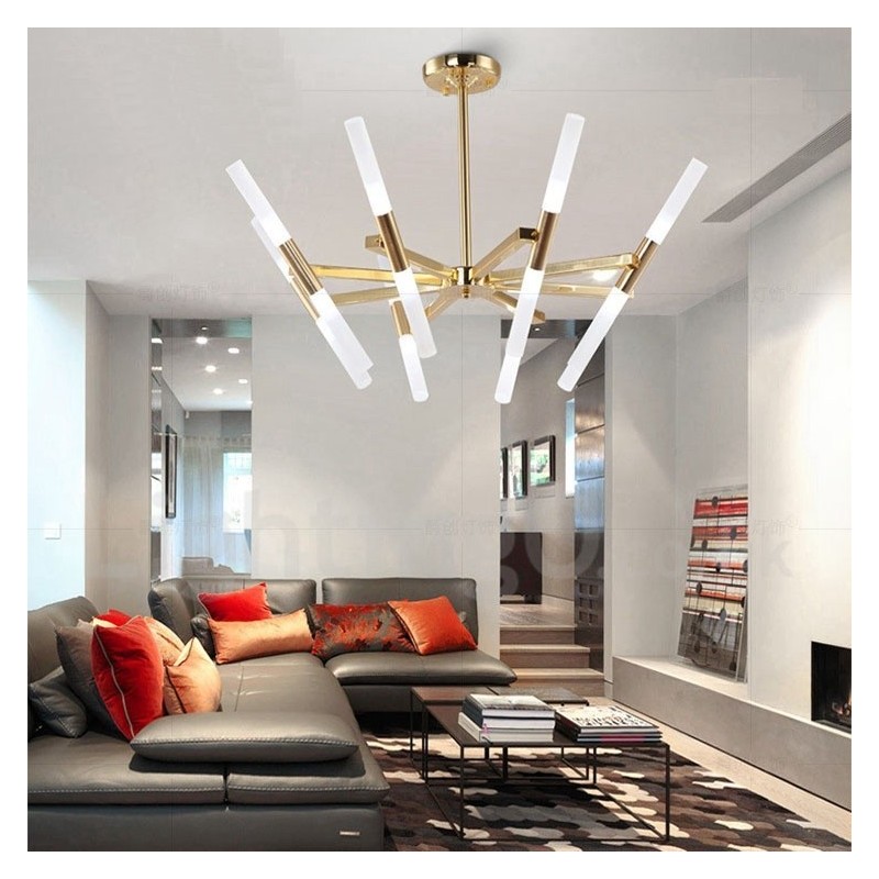 Lustre doré moderne contemporain à 2 niveaux et 16 lumières