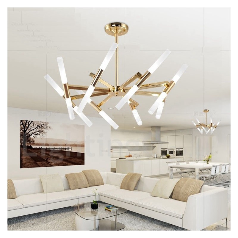 Lustre doré moderne contemporain à 2 niveaux et 16 lumières
