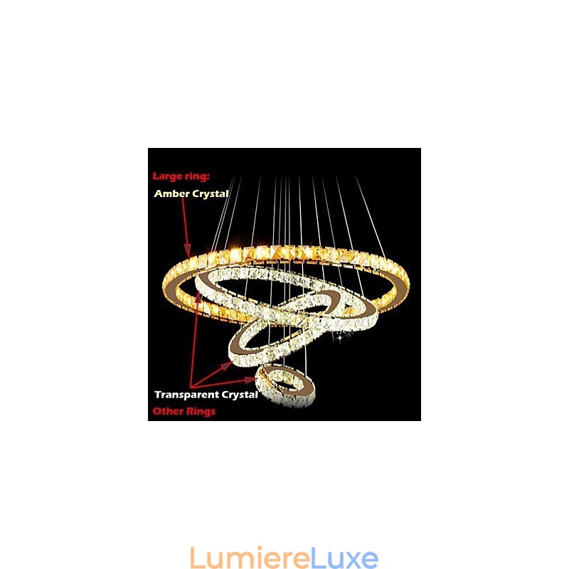 Lustre suspendu moderne en cristal avec 4 grands anneaux en cristal ambré et autres cristaux transparents