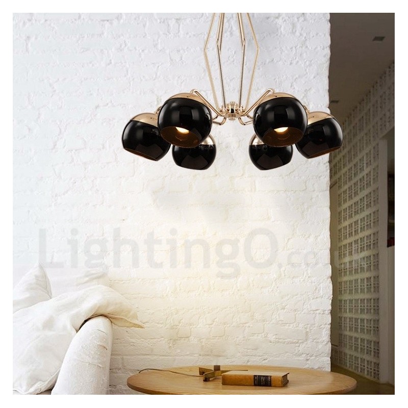 Lustre contemporain moderne à 6 lampes en métal avec abat-jour en verre