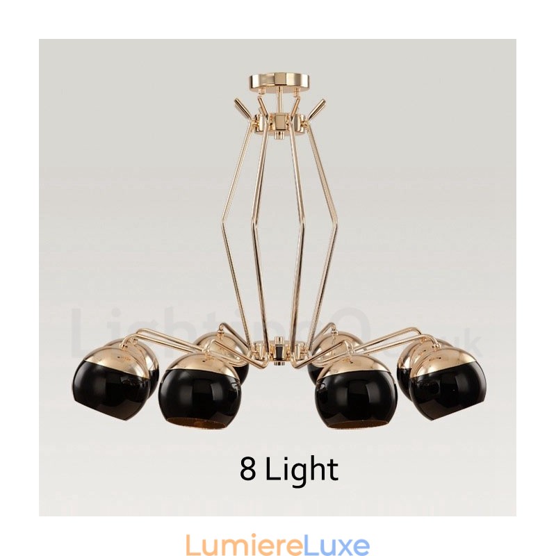 Lustre contemporain moderne à 8 lampes en métal avec abat-jour en verre