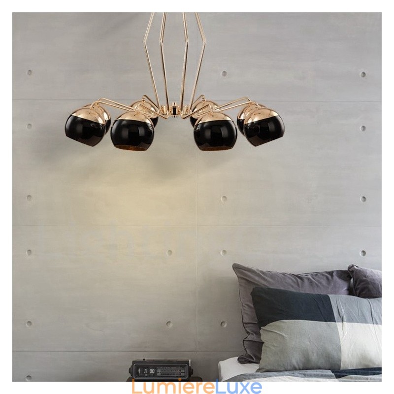 Lustre contemporain moderne à 8 lampes en métal avec abat-jour en verre