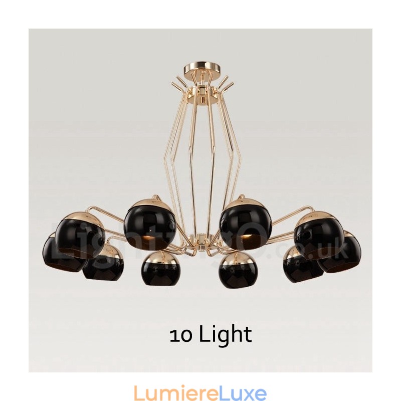 Lustre contemporain moderne à 10 lampes en métal avec abat-jour en verre