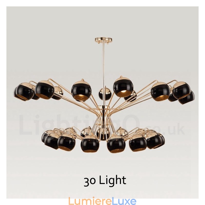 Lustre contemporain moderne en métal à 30 lumières et 2 niveaux avec abat-jour en verre