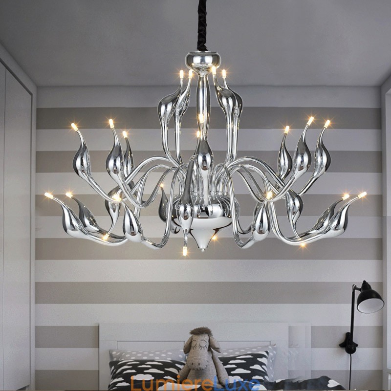 Lustre cygne moderne à 24 lumières, ampoule chromée G4 incluse