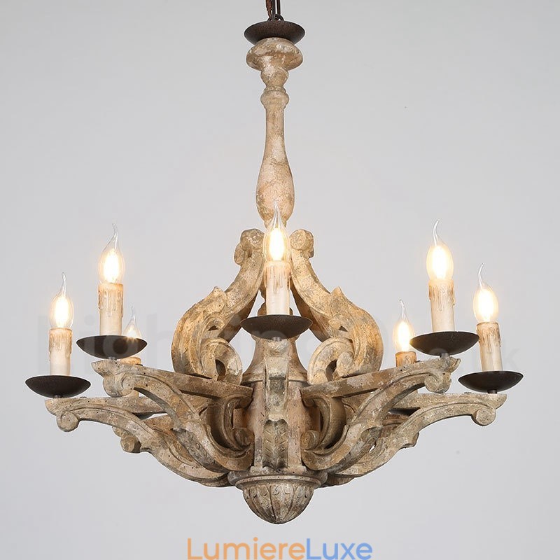 Lustre rétro vintage en bois à 8 lumières
