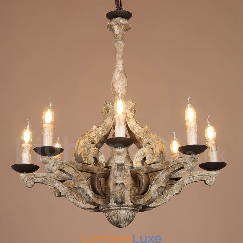 Lustre rétro vintage en bois à 8 lumières