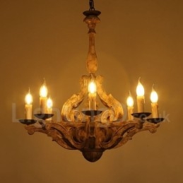 Lustre rétro vintage en bois à 8 lumières