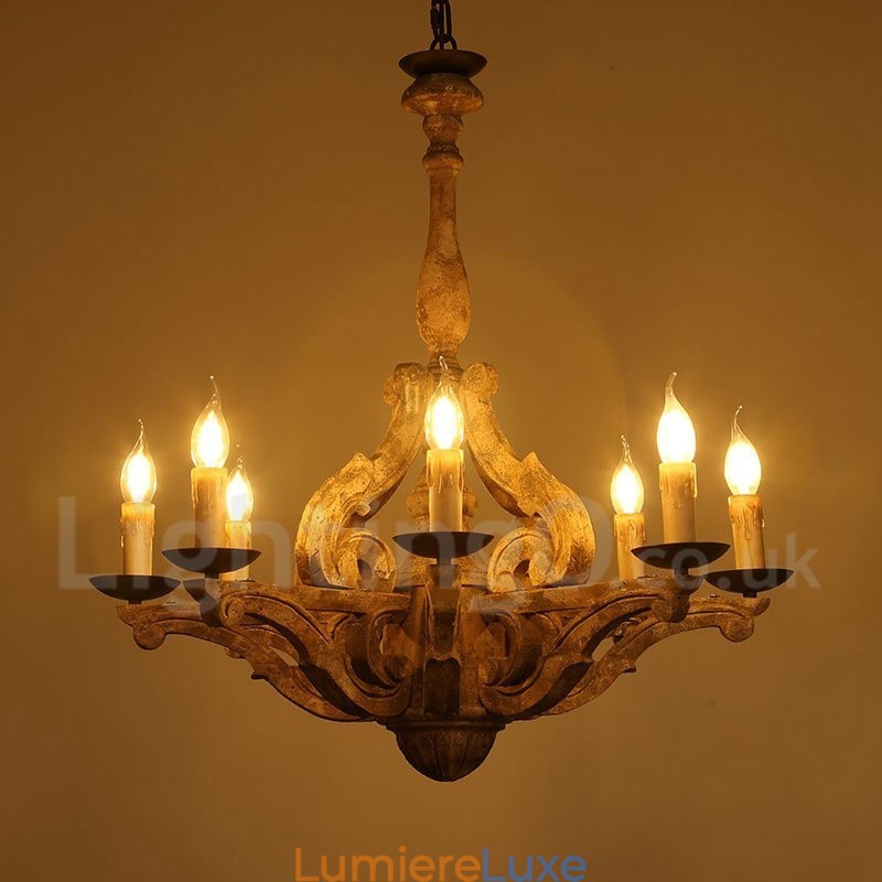 Lustre rétro vintage en bois à 8 lumières