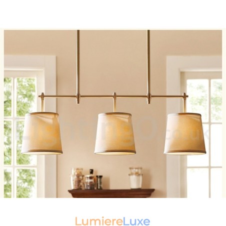 Lustre rétro à 3 lumières en cuivre avec abat-jour en tissu Lustre rétro à 3 lumières en cuivre avec abat-jour en tissu